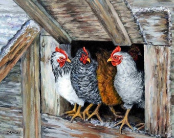 Chickens, Hens, Farm Animals, Art Print, kitchen, chicken art, chicken painting, chicken print, from painting by Dottie Dracos, 8X10"