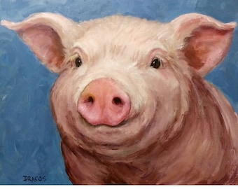 Pig Art, Pigs, by Dottie Dracos, Pig Portrait, Pink Pig, Modern Farm, Fun Farm, Kitchen Art, Farm Animal Art, Contemporary Art,Pig Paintings