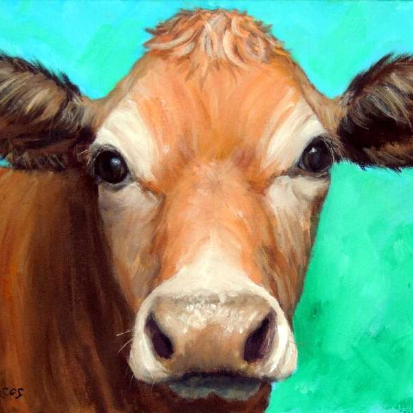 Jersey Cow Art Original Acrylic Painting,  Fawn Jersey Side on Teal, Angled Face, Dottie Dracos