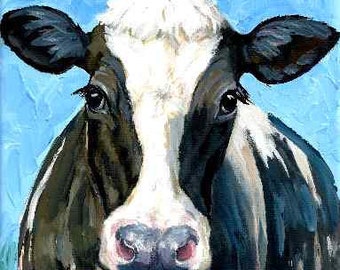 Holstein Cow, Cow Art, Print of Original Painting, Holstein 2, white blaze on blue, Farm Art, Contemporary Farm, Art for Kids, 8x10"