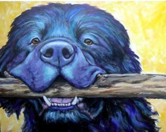 Newfoundland Dog, Dog Art, Dogs, Newfie, with Stick, Hunting Dog,  Dog Art Print of Original Painting by Dottie Dracos, 8x10