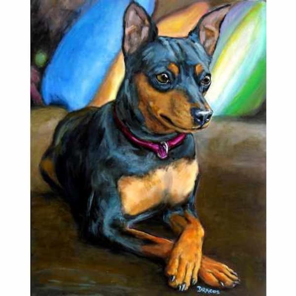 Miniature Pinscher, Dogs, Dog Art Print, from Original Painting, Minpin, black and tan, min pin, Dog Portrait, Miniature Pinscher Art, 8x10"