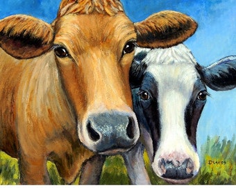 Cows,  Farm Animal Art Print Painting by Dottie Dracos "Two Curious Cows," Holstein and Jersey cows, Cow art, cow painting, farm art, 8x10"