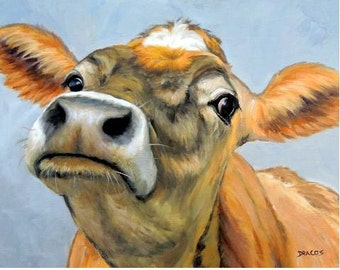 Jersey Cow, Cows, Cow Art, Jersey, Dairy Cow Art, Contemporary Farm Art, Curious Cow, Print of Painting by Dottie Dracos 8x10" Print