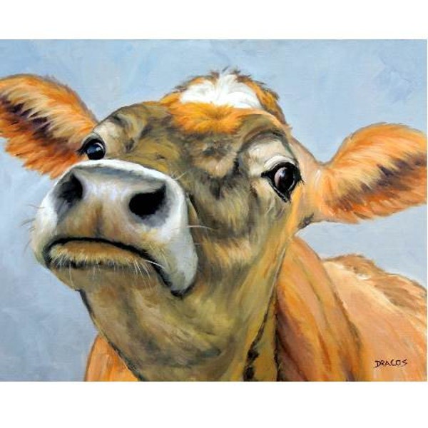 Jersey Cow, Cows, Cow Art, Jersey, Dairy Cow Art, Contemporary Farm Art, Curious Cow, Print of Painting by Dottie Dracos 8x10" Print