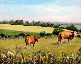 Landscape Print of Original Painting by Dottie Dracos, a beautiful field with cows, in Snode, Langeland, Denmark, 8x10"