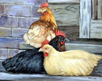 Chickens, chicken art, farm art, hens, hen Art, Farm, contemporary farm, Kitchen Decor, Old farm, from painting by Dottie Dracos, 8x10"