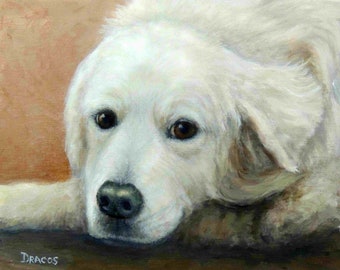 Great Pyrenees, Pyrenees Dog Art Print, White dog, Herding Dog, Flock Dog, Painting by Dottie Dracos, Pyrenees on Light Grey, 8x10" Print