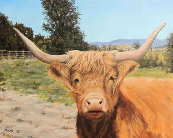 Cow art, Scottish highland cow, Farm Animal Art, Print of Painting by Dottie Dracos,  cow, farm art, cow art, Farm Art, highland cow, 8x10"
