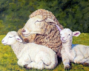 Sheep, Ewe, Lambs, Art  Print, Farm Animals, Mother and Lambs, baby sheep, Modern Farm Decor, Home Decor, Wall, Dottie Dracos, Farm Art 8x10