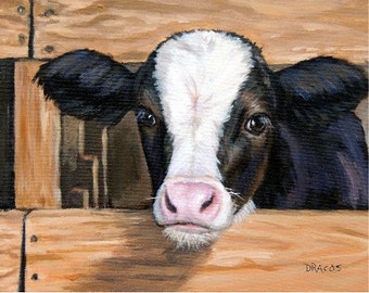 Cows, Holstein Cow, Cow Art Print,  calf, Original Painting by Dottie Dracos, Holstein Calf, Calf in Fence, cattle, farm animals, 8x10"