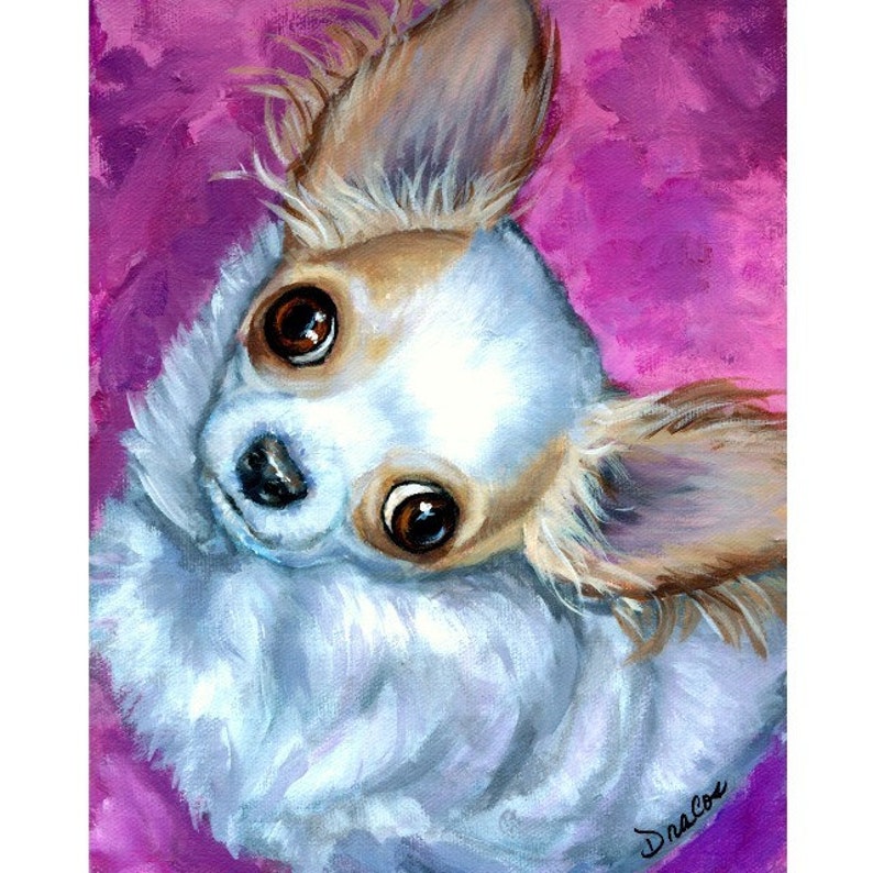 Chihuahua, Longhaired Chihuahua, Dogs, Dog Art, Tiny Dogs, Chihuahua Dog Art Print, Chichi, Original Painted by Dottie Dracos 8x10 image 1