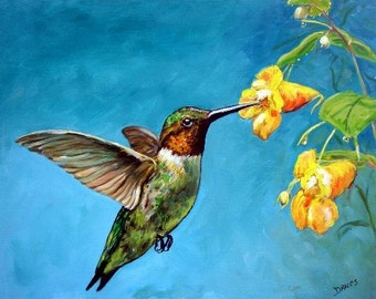 Hummingbird, Bird Art, Tiny Bird, Bird Art Print of Original Painting by Dottie Dracos, Hummer, Hummingbird with Yellow Flowers, 8x10" Print