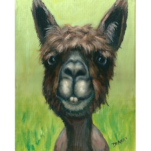 Alpaca, Farm Animal Art Print, Painting by Dottie Dracos, Dark Alpaca on Green, vicuna, vicugna, llama, 8x10 Print image 1