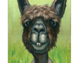 Alpaca, Farm Animal Art Print, Painting by Dottie Dracos, Dark Alpaca on Green,  vicuna, vicugna, llama, 8x10 Print