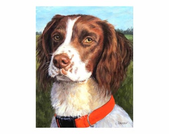 English Springer Spaniel, Dog Art, Dogs, Print of Original Painting by Dottie Dracos, Liver and White Springer Spaniel on field background