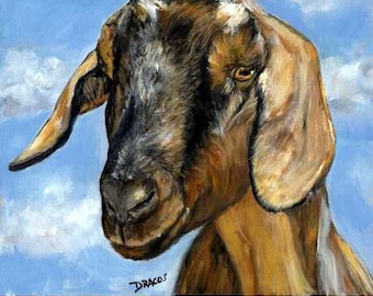 Nubian Goat, Goats,  Farm Animals, Goat Art,  Print of Original Acrylic Painting on a Blue Sky Background, Farm Animal, 8x10" Print