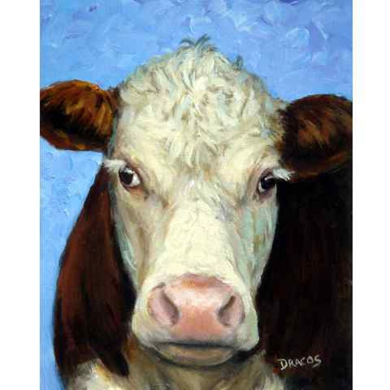 Cows, Hereford Cow, Dairy Cow, Farm Animal Art Print, by Dottie Dracos, Hereford Cow Face, Cow Art, Cow Portrait, Hereford, 8x10 image 1