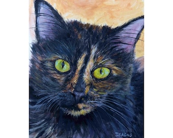 Tortoiseshell Cat, Cats, Tortie, Cat Art, by Dottie Dracos, Tortoiseshell Black and Orange Cat, Print Cat Painting,Patchwork Cat, 8x10 Print