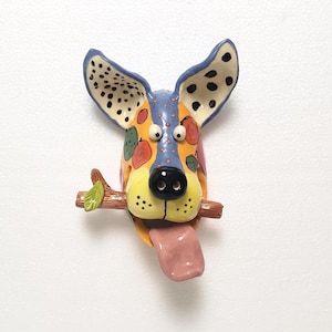 Handmade Ceramic Dog Face Wall Hanging: Colorful 3D Art