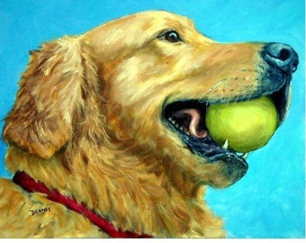 Golden Retriever, Hunting Dog, Dog Art Print,Dog Art by Dottie Dracos, Goldie Profile with Tennis Ball, Dog Artist, Retriever Art 8x10"