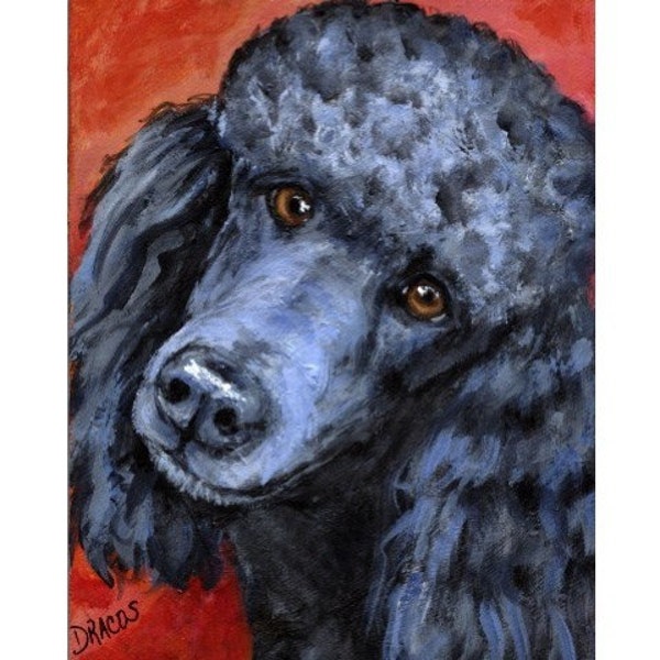 Poodles, Dogs, Poodle Dog Art Print of Original Painting, Poodle Art, Poodle Portrait, Black Poodle on Red, Picture, 8x10