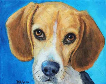 Dog Art, Beagle, Beagle Art, Beagle Hound Art Dog Art Print of Original Painting by Dottie Dracos "Sweet Beagle on Blue"  8x10" Print