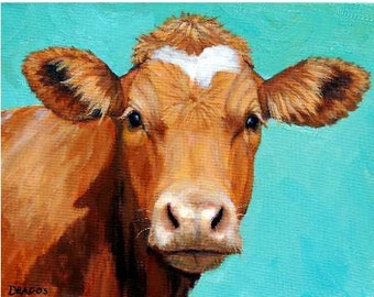 Guernsey Cow Art, Cows, Dairy Cows, Farm Animal Print, Guernsey Cows,  Cow Portrait, Painting by Dottie Dracos, 8x10" Print