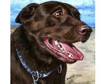 Labrador Retriever, Bird Dog, Hunting Dog, Dogs,  Dog Art Print of Original Painting by Dottie Dracos, Chocolate Lab on Beach 8x10"