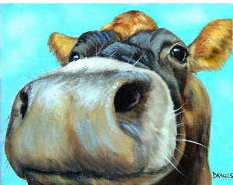 Cows, Cow Art, Farm Animal Art, Jersey Cow Art Print, Very Curious Cow on Light Blue, from Original Painting by Dottie Dracos, 8x10"