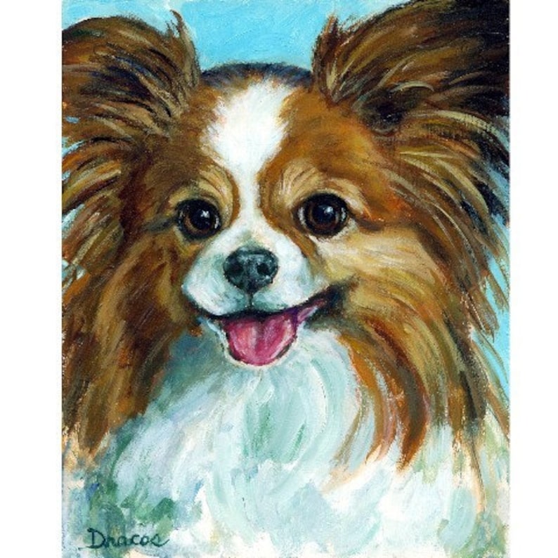 Papillon, Dogs, Dog Art Print of Original Painting by Dottie Dracos, A Brown and White Pap, Papillon Portrait image 1