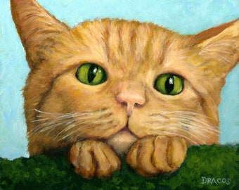 Cats, Tabby Cat, Art Print from Original Painting ,Yellow Tabby, Cat Art, Cat Portrait, Sweet Kitty Portrait, Green Eyes 11x14 and up