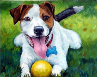 Jack Russell, Dogs, Art Print of Original Painting, Dottie Dracos, Jack Russell Terrier, Dogs, Terriers, Jack Russell & Ball, Dog Art, 8x10"