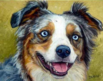 Australian Shepherd, Dogs, Dog Art Print of Original Painting by Dottie Dracos,  Herding Dog,  Tricolored, Aussie, Blue Eyes, 8x10" Print