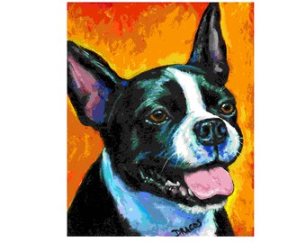 Boston Terrier, Dogs, Dog Art, Terriers, Boston Bull, Print of Original Painting Dottie Dracos, Black and White Boston on Orange, 11x14 & Up
