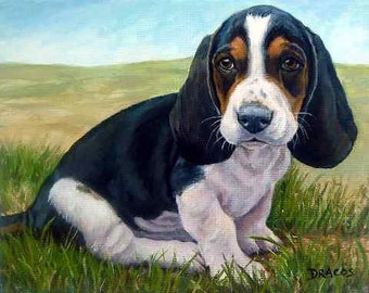 Dogs, Dog Art, Basset Hound, Basset Puppy, Hound Dogs, Scent Hounds, Basset Hound Art, Print of Original Painted by Dottie Dracos, 8x10"