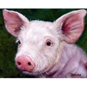 Pigs, Pig Art,  Print of Original Painting by Dottie Dracos, Piglet, Pig Portrait, Pink Pig, Farm Animal Art, Modern Farm Art, 8x10" Print