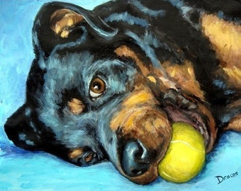 Dogs, Rottweiler, Art Print of Original Painting by Dottie Dracos, Dog Art, Dog Prints, Animal Art, Rottie, with Tennis Ball, 8x10"