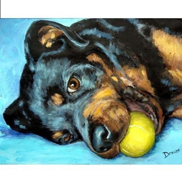 Dogs, Rottweiler, Art Print of Original Painting by Dottie Dracos, Dog Art, Dog Prints, Animal Art, Rottie, with Tennis Ball, 8x10"