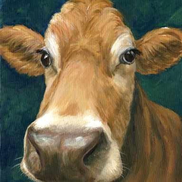 CUSTOM for Kelly Guernsey Cow Farm  Print of Painting by Dottie Dracos, Guernsey Cow on Dark Teal, Cow Art, dairy cows, dairy cow art