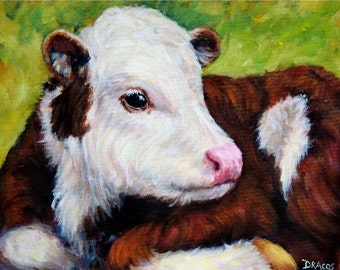 Holstein Cow Art, Farm Animal Print, Red and White calf, Calf, Print of Original Painting by Dottie Dracos 8x10