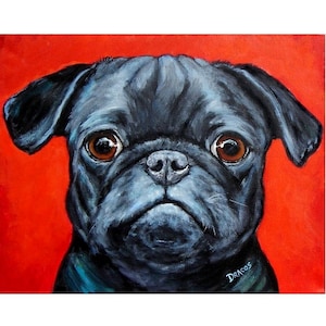 Pug, Dogs, Dog Art, Pugs, Pug Art Print of Original Acrylic Painting by Dottie Dracos, Black Pug Dog on Red 8x10 Print image 1