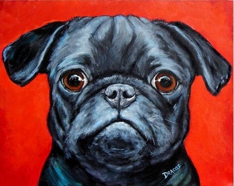 Pug, Dogs, Dog Art, Pugs, Pug Art Print of Original Acrylic Painting by Dottie Dracos,  Black Pug Dog on Red 8x10" Print