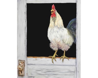 Rooster, Farm Animals, Art Print by Dottie Dracos, White Rooster, roosters, chicken, rooster art, rooster painting, crowing rooster 8x10