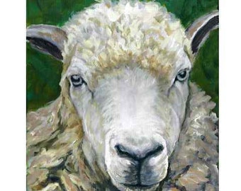 Sheep, Farm Animal Art,  American Coopworth, Print of Original Painting, Modern Farm Art, Farm Animals, Sheep Face on Green, 8x10"