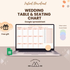 Peut inclure: Un écran d'ordinateur portable affichant un modèle de plan de table et de placement pour un mariage dans un tableur Google. Le modèle est organisé en trois sections : "Places disponibles", "Places par table" et "Total des places". Le modèle est conçu avec un schéma de couleurs pêche et blanc. Le texte "Wedding table & seating chart" est affiché en haut du modèle. Le texte "Téléchargement instantané" est affiché en haut de l'image. Le texte "Cadeau gratuit" est affiché dans un nuage de couleur pêche avec une icône de boîte cadeau. Le texte "Autres couleurs à acheter" est affiché dans le coin supérieur droit de l'image.