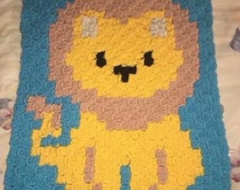 Safari Lion C2C Crochet Blanket - Handmade Pixel Art Throw 17x21.5 Inch Jungle Nursery Decor