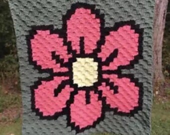 Pink Flower C2C Crochet Blanket - Handmade Pixel Art Throw 25.5x28 Inch Retro Nursery Decor