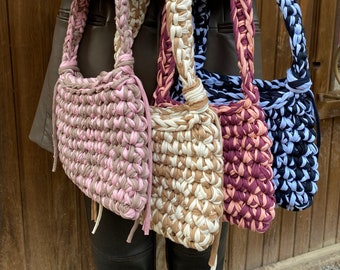 Personalized Crochet Shoulder Bag, Custom Charm Hand Woven Recycled Rope Bag, Handmade Knitted Bag, Bohemian Women's Bag