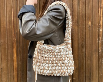 Gepersonaliseerde gehaakte schoudertas, aangepaste charme handgeweven gerecyclede touwtas, handgemaakte gebreide tas, Boho damestas